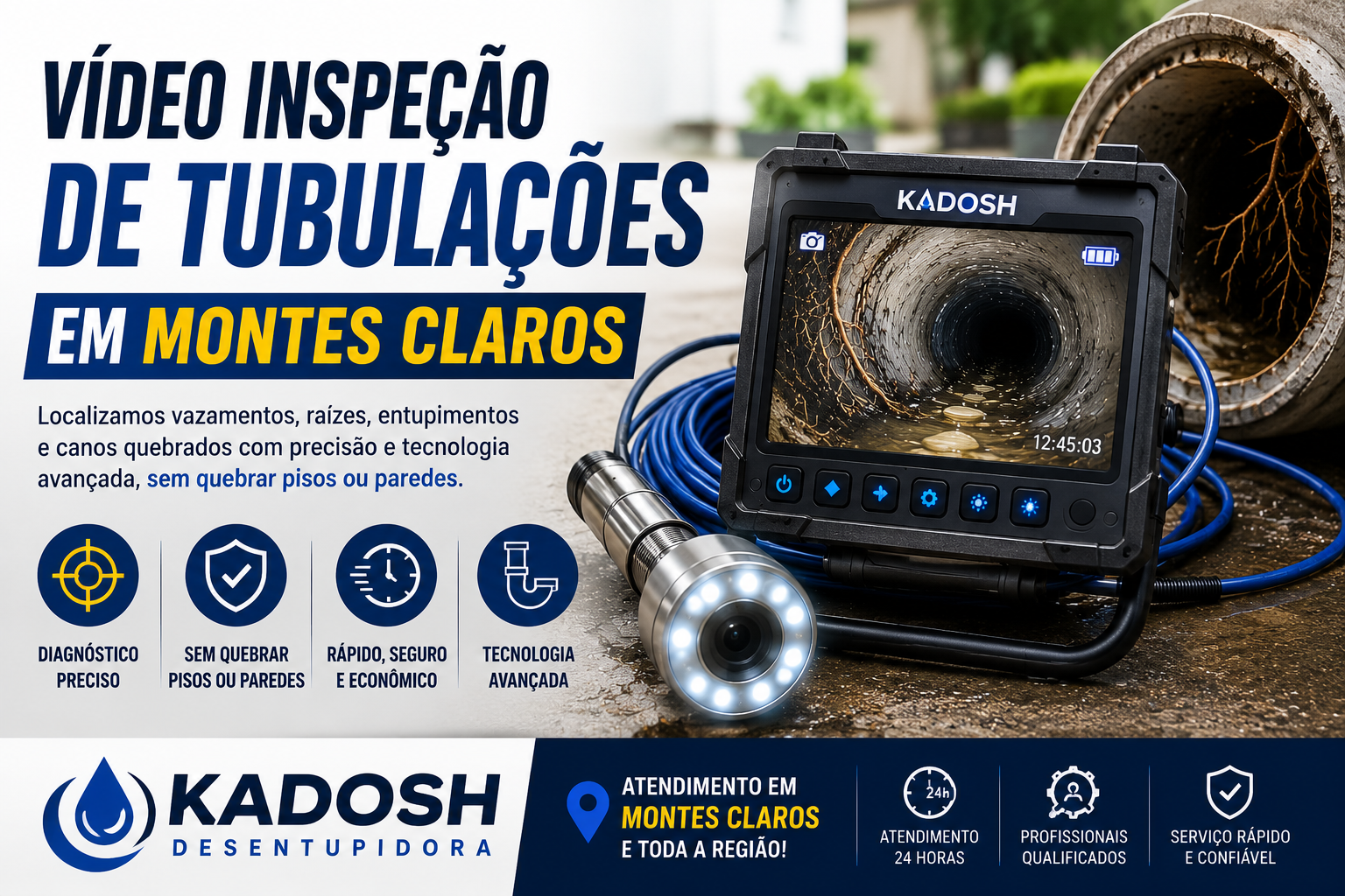 Vídeo inspeção de tubulações em Montes Claros realizada pela Kadosh Desentupidora